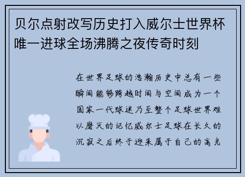 贝尔点射改写历史打入威尔士世界杯唯一进球全场沸腾之夜传奇时刻