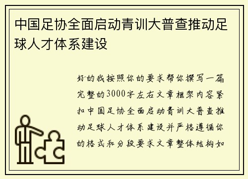 中国足协全面启动青训大普查推动足球人才体系建设